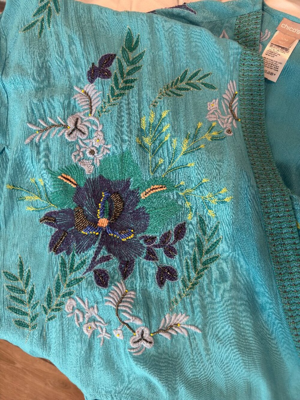 Chico’s Special Edition Embroidered Beaded Turquoise Ruana Duster Kimono S/M - Picture 6 of 16
